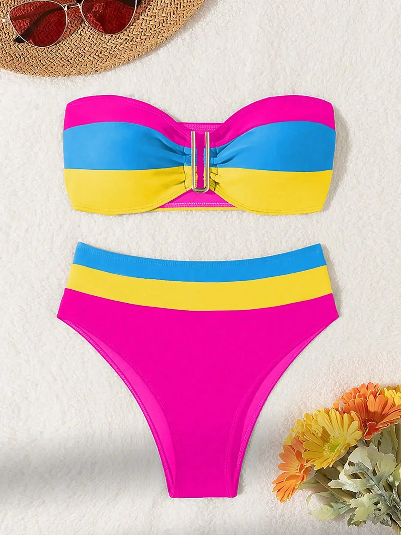 

New solid color patchwork strapless split swimsuit set bikini