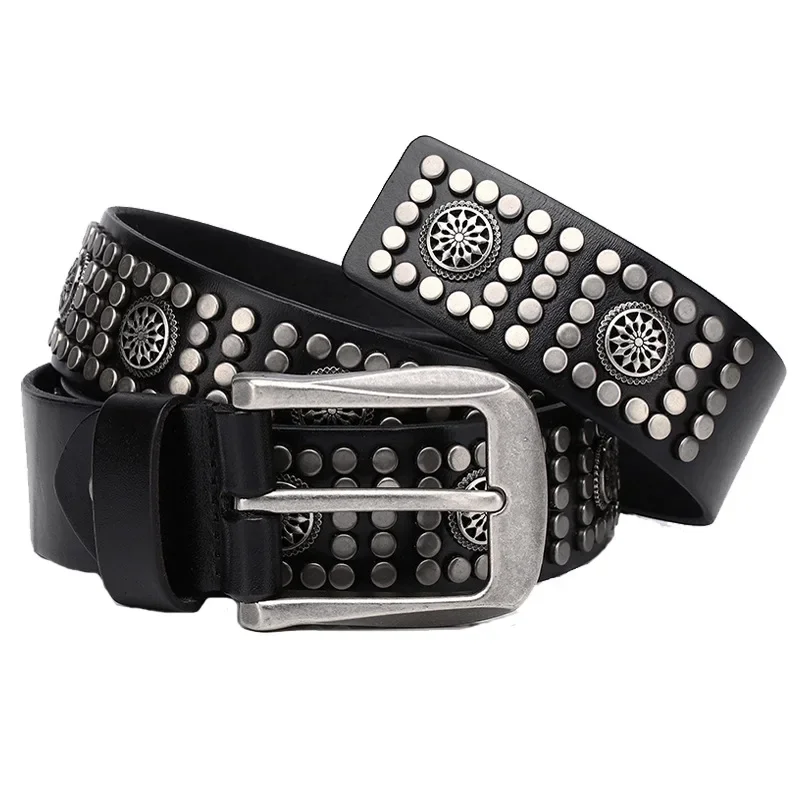 3.8CM Men Fashion Hip Hop Rock Round Rivets Belts Black Brown Genuine Leather Studded  Womens Designer Waistband Vintage Belt