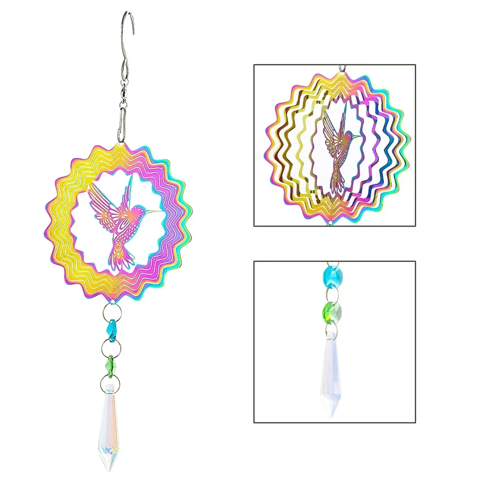 3D Mandala Hummingbird Wind Chime Rotating Glass Crystal Lucky Sun Catcher Garden Patio Hanging Bedroom Kawaii Room Decor