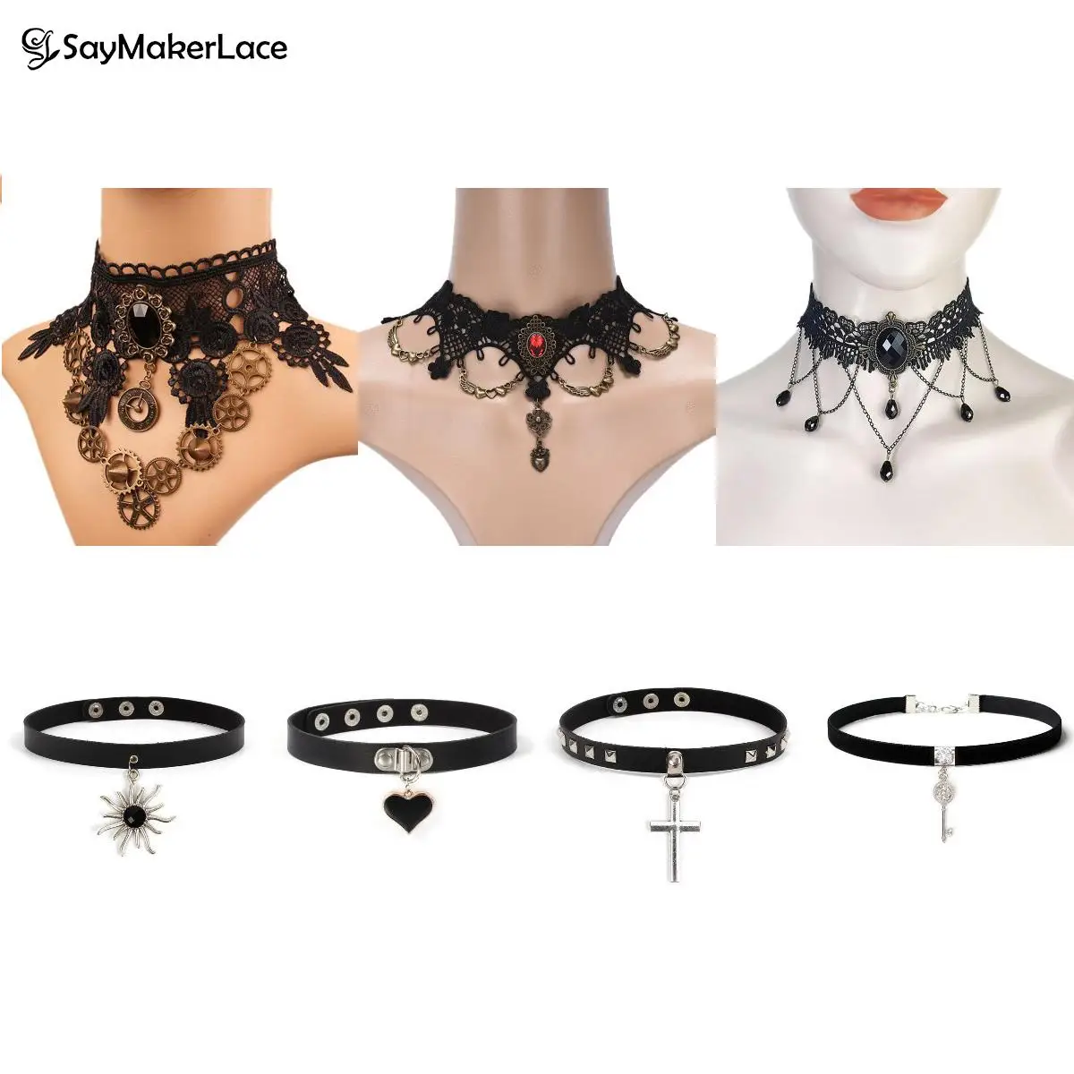 Gothic Vintage Collares Sexy Gothic Chokers Crystal gear chain Black Lace Neck Choker Necklace Women Chocker Steampunk Jewelry