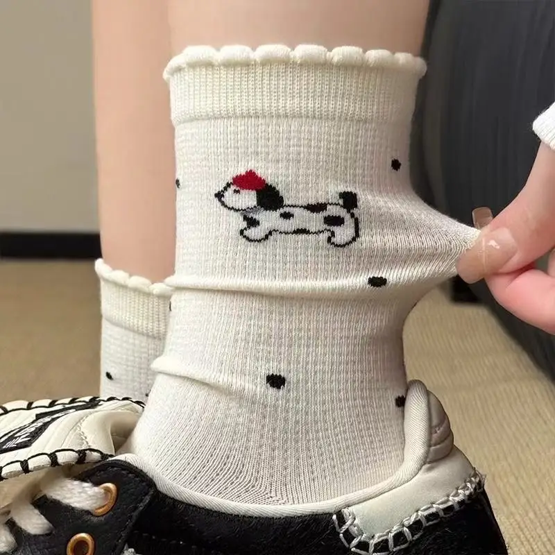 

Women Socks Cute Cartoon Dog Japanese Kawaii Cute Middle Tube Socks Women Polka Dot Casual Striped Cotton Breathable Long Socks