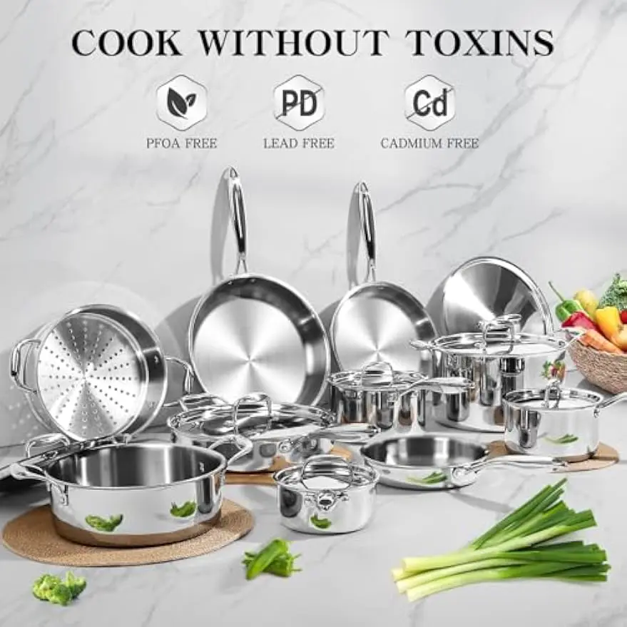 Stainless Steel Cookware Set 3 Ply 17 Piece Pots Pans Oven Dishwasher Safe Induction Compatible Frying Saucepans Saute Stock Pot