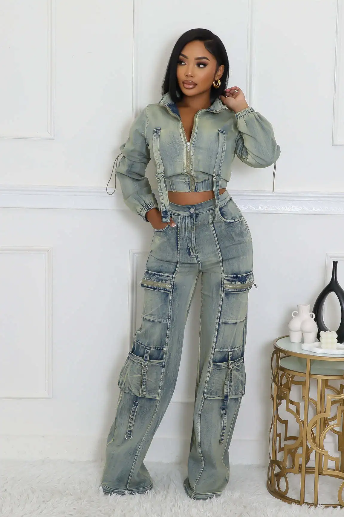 Women\'S Set Autumn Winter Fashion Stretch Denim Crop Jacket And Pocket Jeans Cargo Pants Casual Denim Suit Womens Two Piece Sets