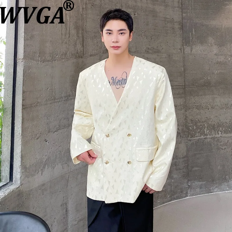 

WVGA Spring Autumn New Men Tide Collarless Diamond Pattern Trendy Blazer Niche Chic Casual Long Sleeve Suit Coats Ins Y2K W16208