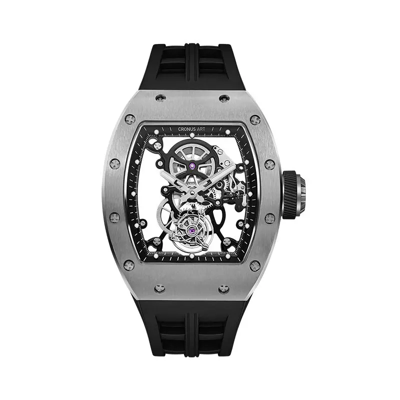 CRONUSART Men Tourbillon Watch Tonneau Mechanical Wristwatch Titanium Case Luminous Sapphire Mirror FKM Strap Skeleton Dial