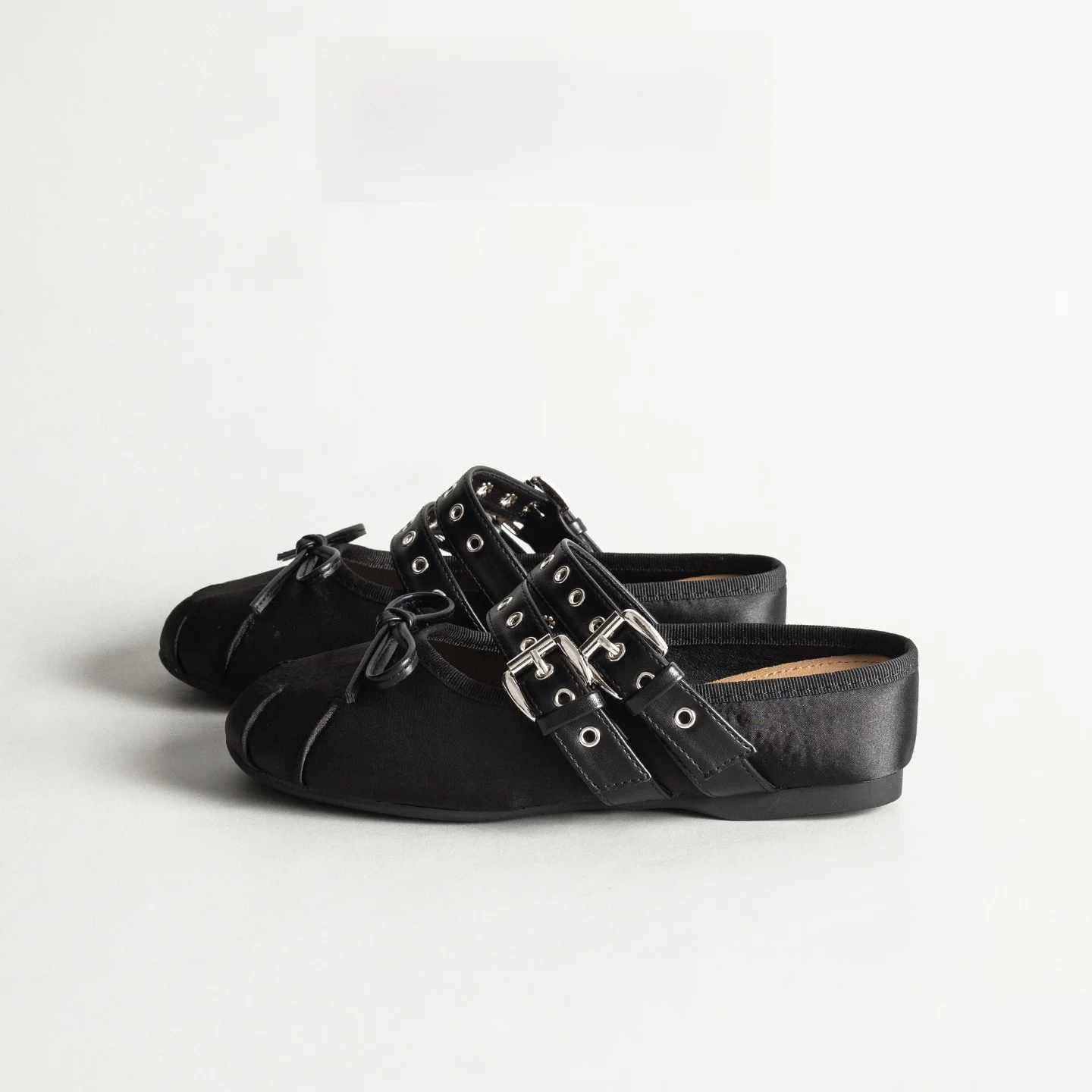 

Black Leather Mary Jane Half Slippers Women's Outdoor Wear Cool Rivet Ballet Flat Heel Increase Sandals round Toe Rubber Sole