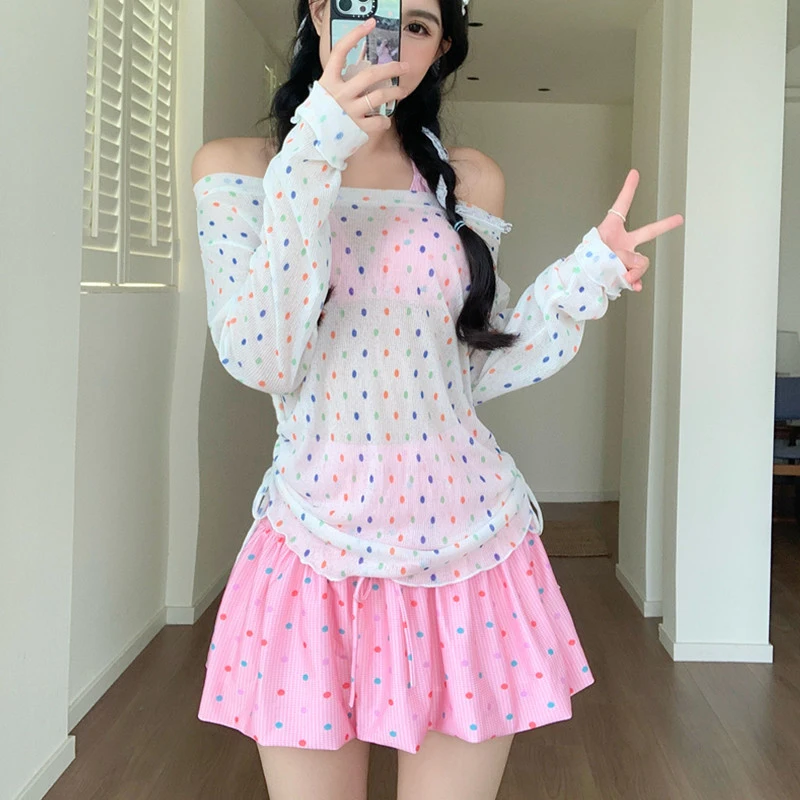 Sweet polka dot puffy skirt two-piece swimsuit for women, long-sleeved cover-up bikini four-piece set, conservative and figure-f