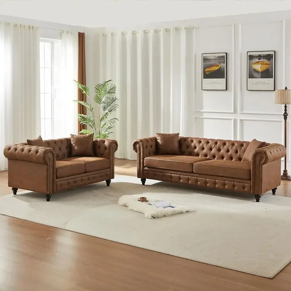 Brown 2-Piece Fabric Living Room Sofa Set: 3-Seater Sofa & Loveseat with Button Tufted and Copper Nail Trim Accents, Pillows Inc