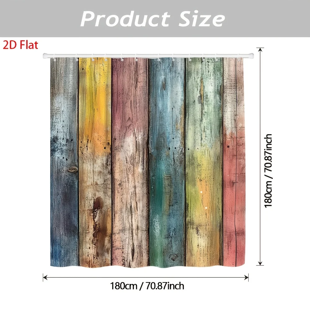2D Flat 1pc Rustic Weathered Wooden Fence Shower Curtain Distressed Vertical Planks in Blue, Green, Red, Yellow, and Brown with