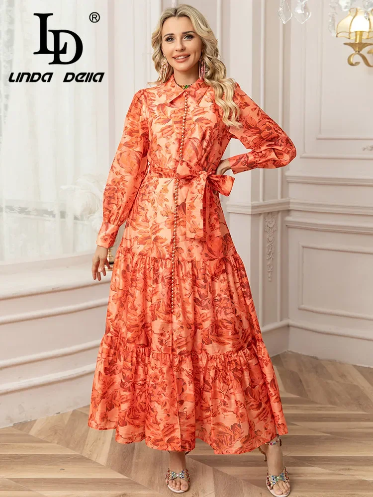 LD LINDA DELLA 2025 Spring/Summer New Fashionable Collar Strap Waist Printed Long Sleeve Dress with Single breasted Steel Balls
