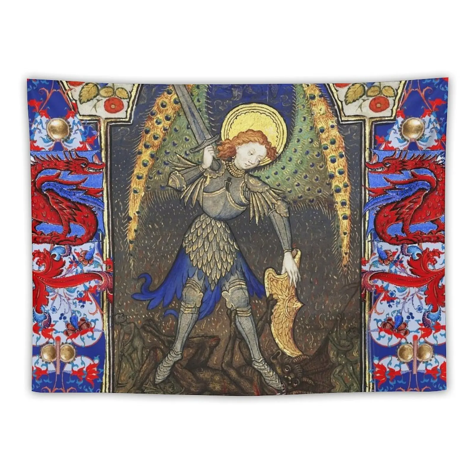 ST. MICHAEL ARCHANGEL COMBATTING DEVIL AND RED DRAGONS Medieval Miniature Tapestry Home Supplies Cute Room Things Tapestry