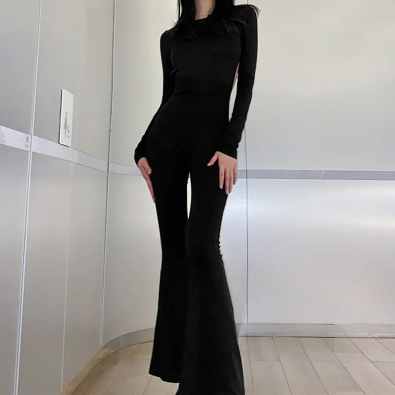 

2021 Fashion Trend Women New Black Long-Sleeved Open-Back Tight-Fitting Straight-Leg Wide-Leg Flared Pants Casual Jumpsuit