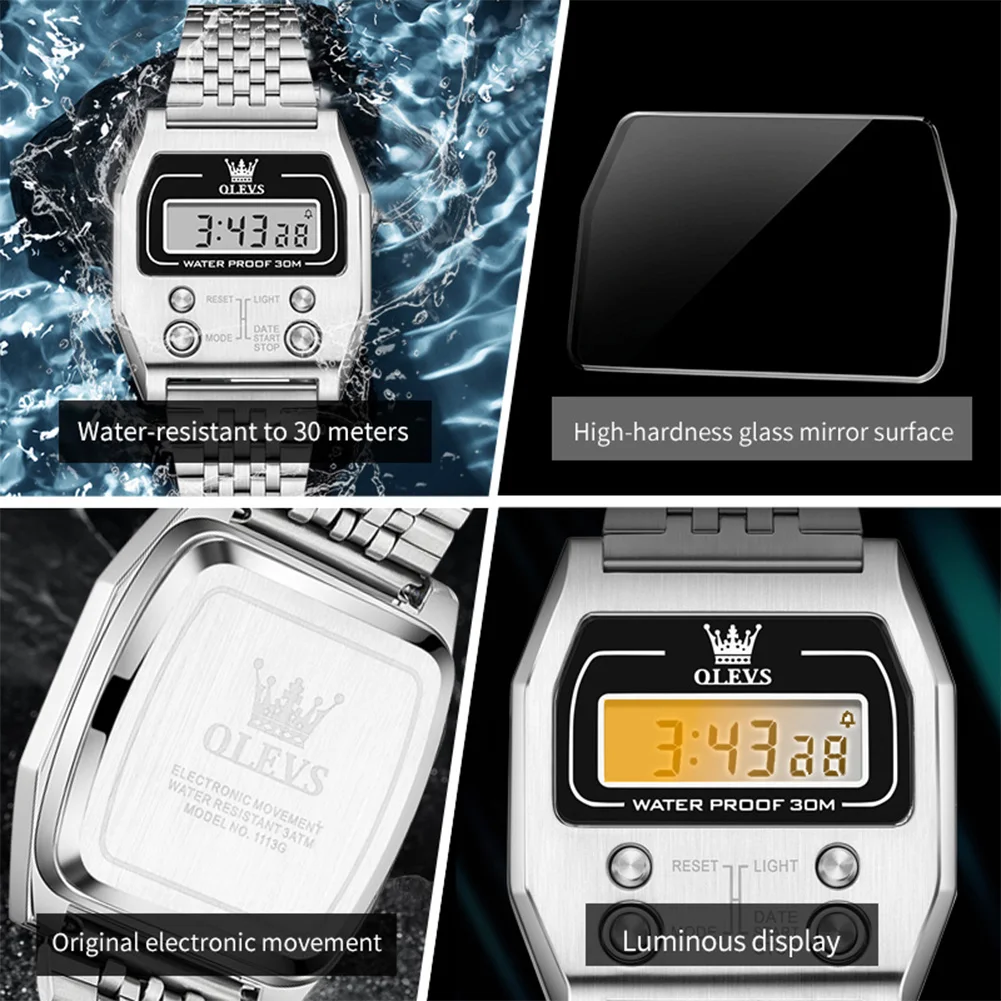 OLEVS New Men's Sports Waterproof Digital Watch Stainless Steel Luxury Retro LED AlarmClock Men's Electronic Watch reloj hombre