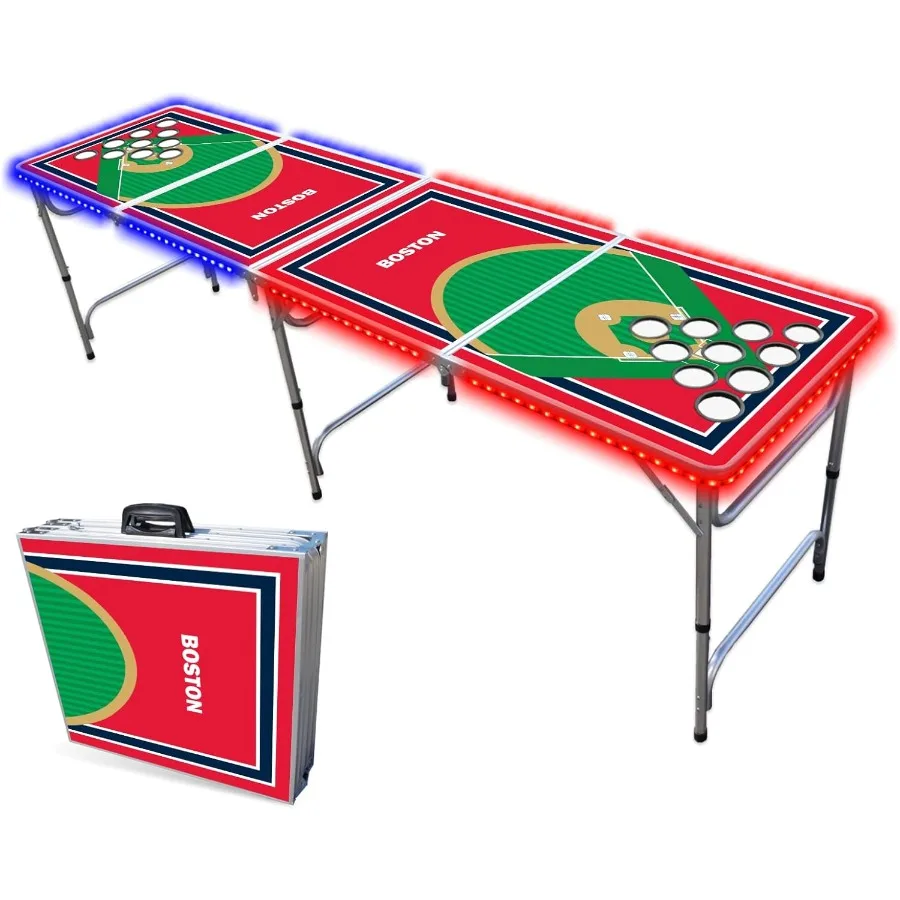 

8Foot Folding Portable Pong Table with Optional Cup Holes and LED Lights for Indoor Outdoor Recreation Ideal for Home Game Room