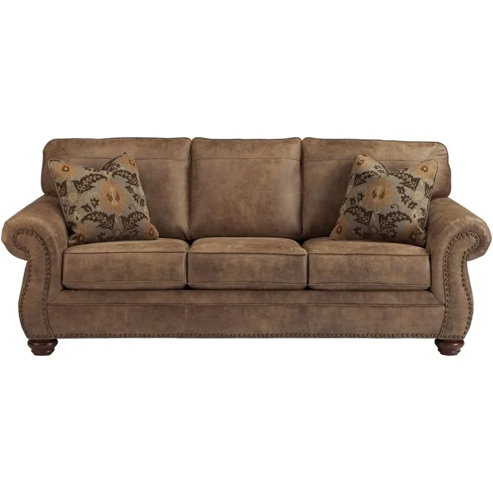 Larkinhurst Faux Leather Sofa with Nailhead Trim and 2 Accent Pillows, Brown