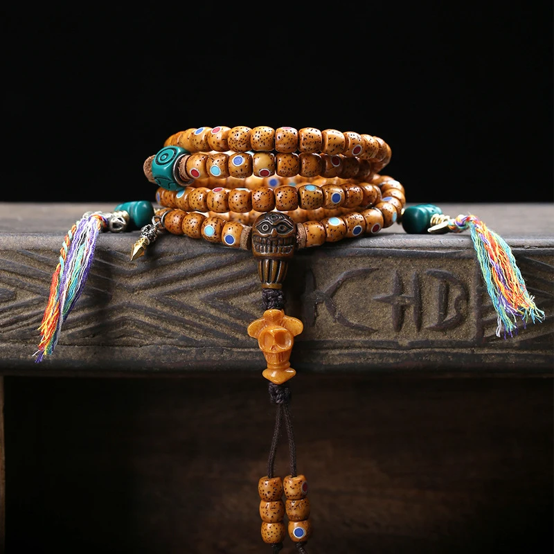 Natural multi-gemstone inlaid-moon Bodhi , 108 Buddhist beads, aged material, with bone three-way connectors and coppe