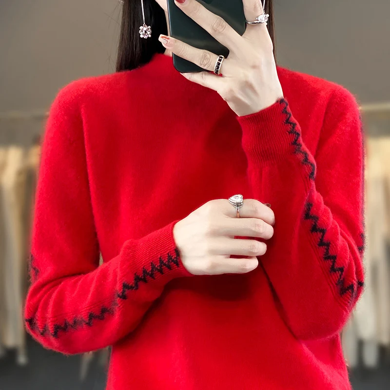 Autumn and winter new 100% merino wool female semi-turtle neck knitted pullover long sleeve fashion casual loose top