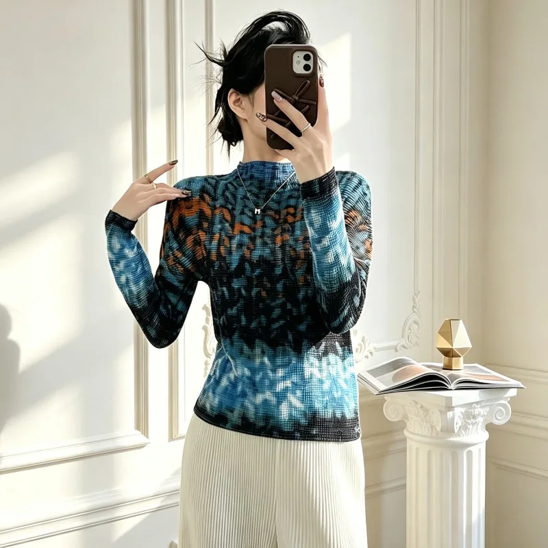 Miyake Pleated T-Shirt New Loose Batwing Sleeve Round Neck Waist-Tight Simple Casual Top Women's Lightweight Stretchy Clothing