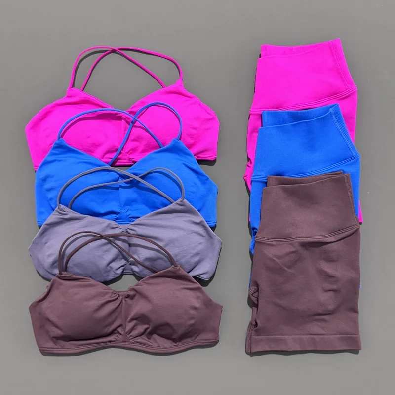 2Piece HISTELLO Sports Set Women Gym Seamless Suspender Gathering Bra High Waist Hip Lifting Belly Tightening Shorts Fitness Set