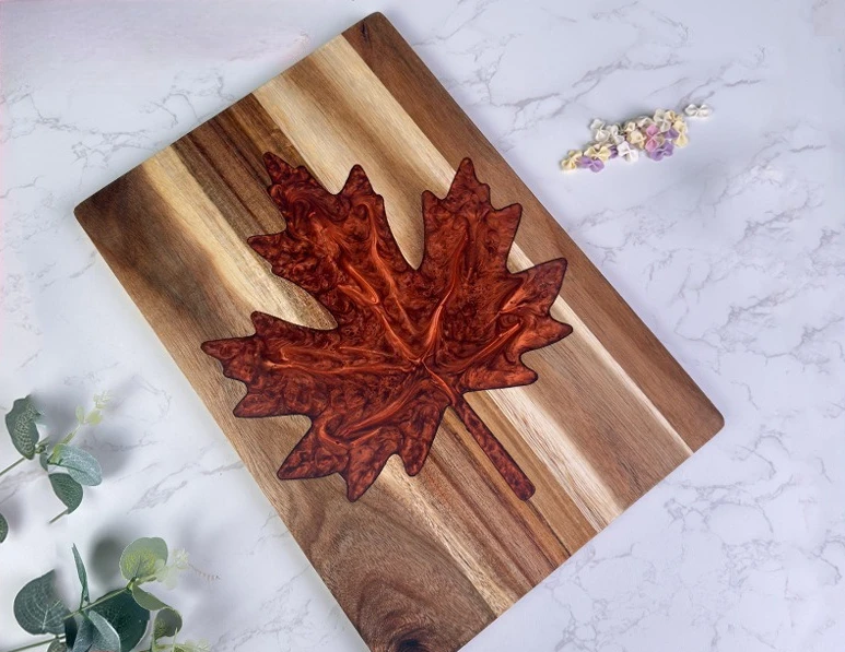 Epoxy Resin Cutting Board - Customizable Maple Leaf Design with Rosewood Core, Handcrafted Charcuterie Plate for Cheese & Fruits