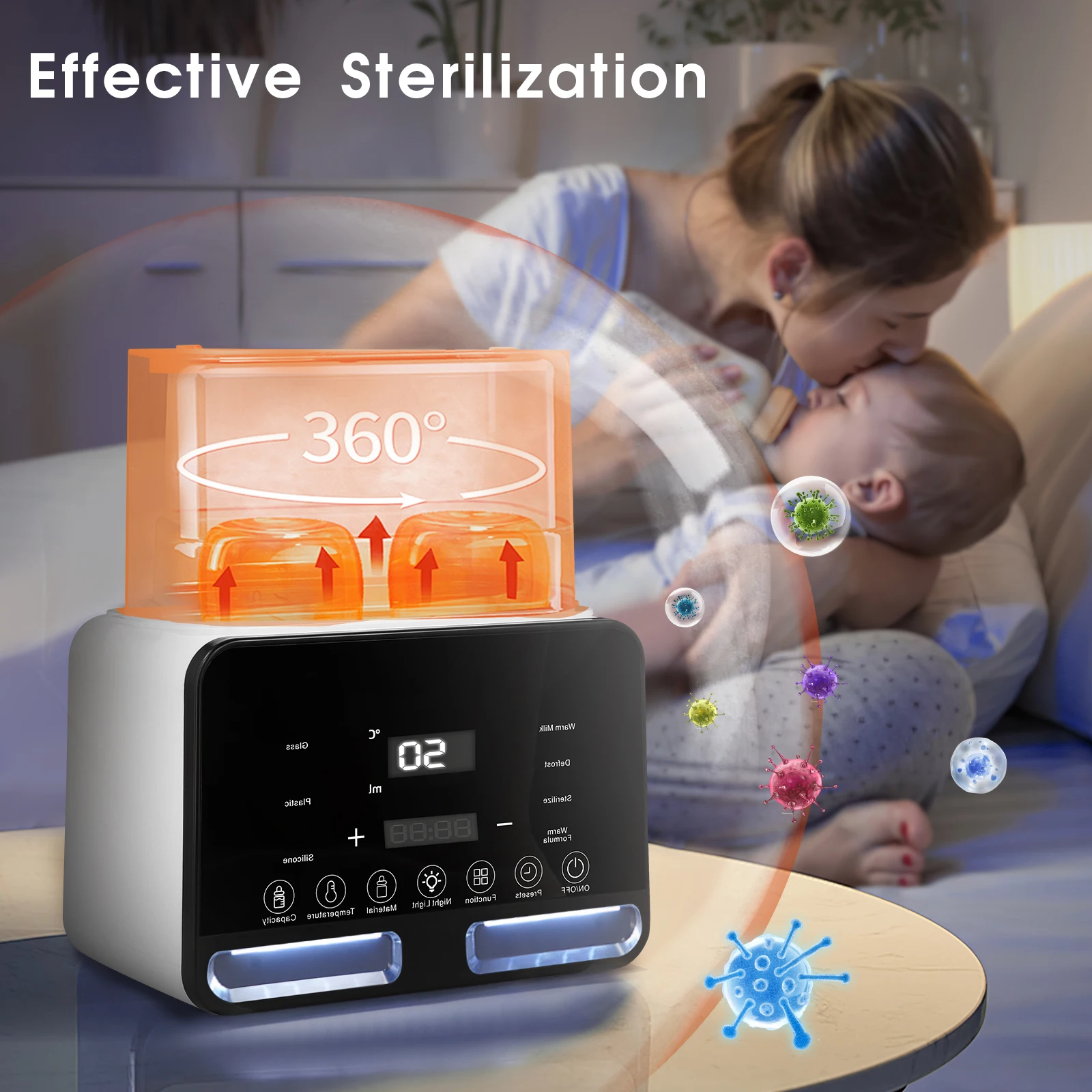 9 in 1 Milk Warmer Dual Bottle Multi-Function Steriliser LCD Display Nightlight Temperature Control Food Defrosting/Warming