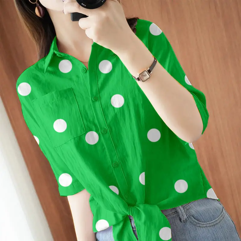 Summer Polka Dot Button Lacing Blouse Polo Neck Short Sleeve Loose Irregular Solid Office Shirts Vintage Casual Women Clothing