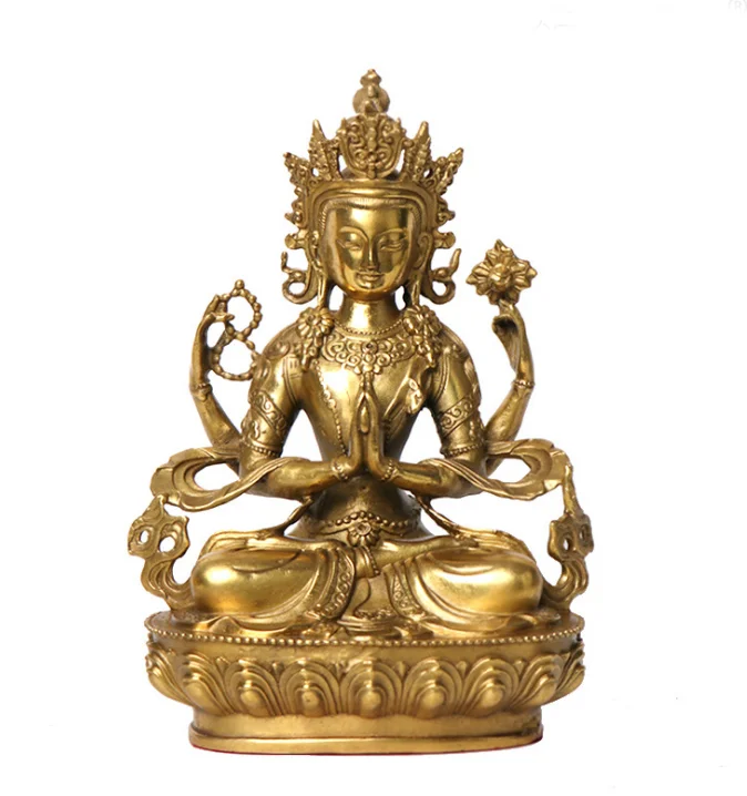 

Buddhism Buddhism 4 hands Arm guanyin buddha Sit Lucky bronze old statue