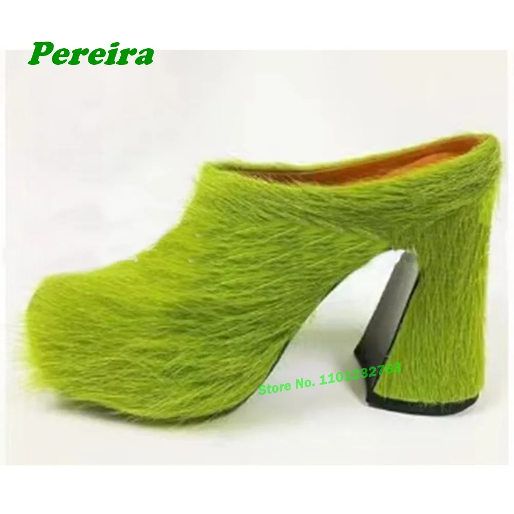 

Green Fur Chunky Heels Slippers Round Toe Platform Slip On Women's Slippers Solid Summer Newest 2024 Horsehair Elegant Mules