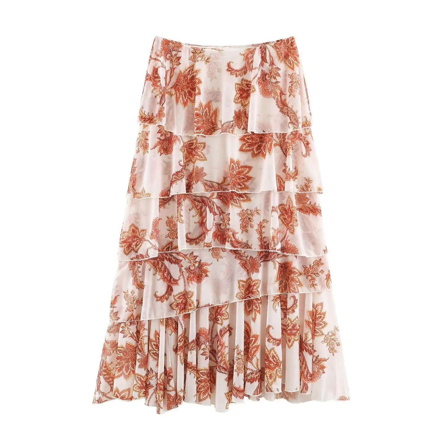CHIC Women Beige With Orange Floral Tierred Ruffles Hem Skirt Elastic Waist Midi Long Length A-lined Irregular Skirts Sakers