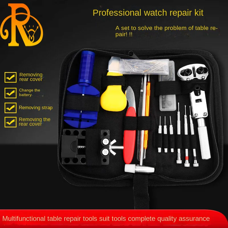 時計修理ツールキット、リンクピンリムーバー、シェルオープナー、時計バッテリー交換、ストラップセット、黒