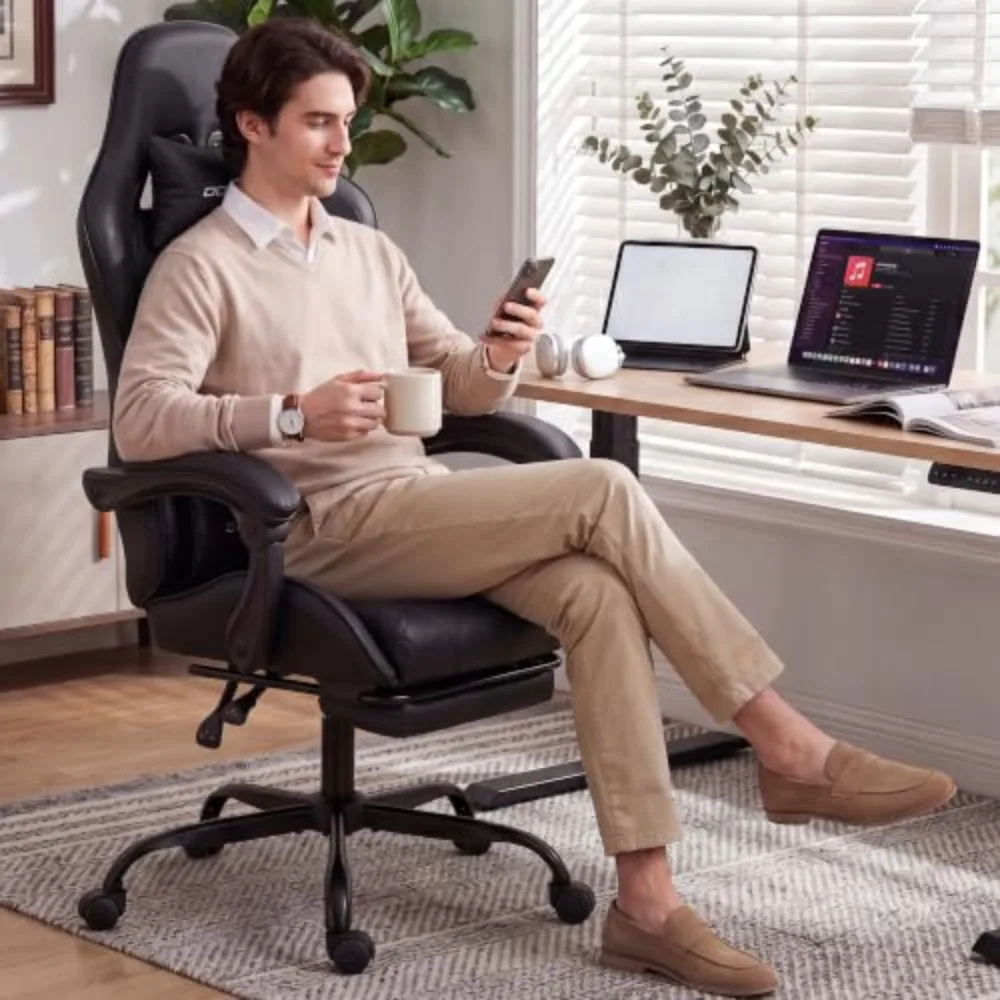 Gaming Chair with Footrest, Ergonomic Office Chair, Black | PU leather over high-density foam with lumbar support
