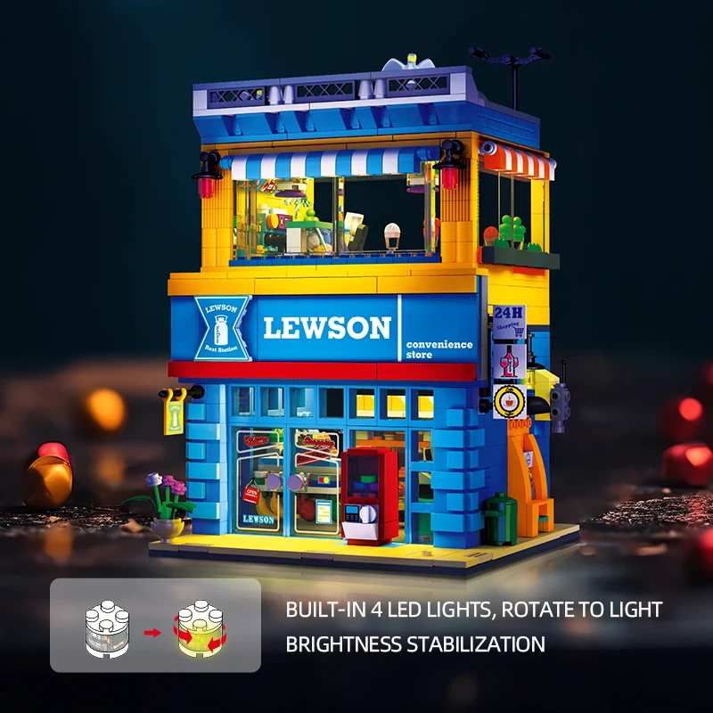 City Street Scene Convenience Store Building Blocks DIY Model Miniature Desktop Decor Adult Collectible Gift Birthday Holiday