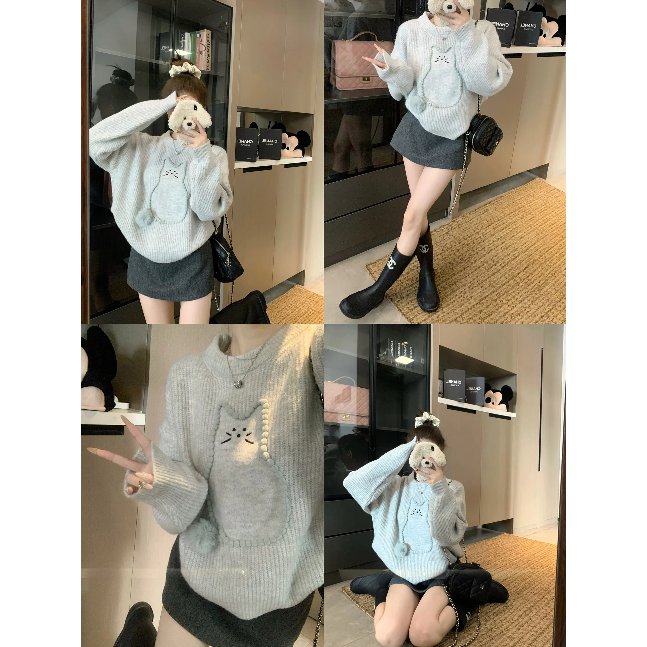 Koreański sweter z okrągłym dekoltem, haftowany, długi rękaw, damski, zimowy, nowy, luźny, wyszczuplający, dzianinowy, do noszenia przez głowę, casualowy, do pracy.