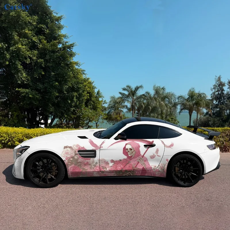 

Pink Skull Sickle Flower Car Vinyl Wraps Decal Self-adhesive PVC Sticker Suitable for Trucks SUV Decor Auto Accessories Gift