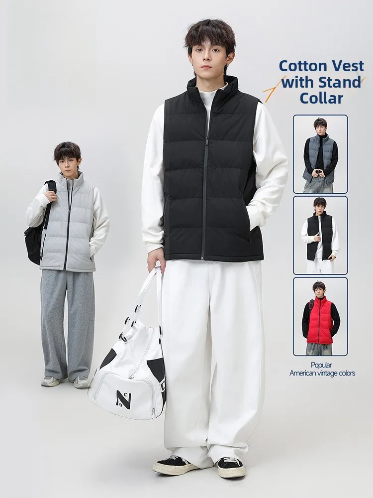 

Thiened Warmth Autumn Winter Vest Jaet Zipper Closure ex Cotton Padded Vest Outerwear Stand Collar