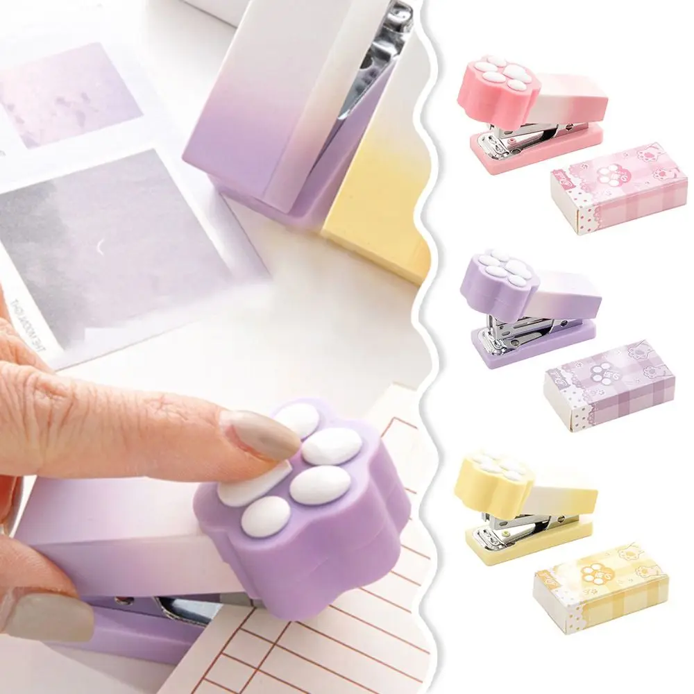 Mini grapadora con garra de gato degradada duradera, con grapas, carpeta de papel multifuncional, juego de grapadora, papelería para estudiantes