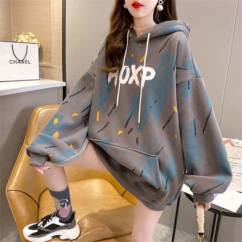 Spring Graphic Print Hooded Sweatshirts Pocket For Women Harajuku Hiphop Pullover Hoodies Sweat Shirts Oversize Baggy Ladies Top