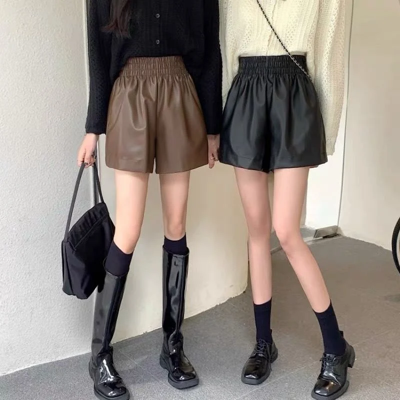 Korean High Waist Thin A-line Leg Shorts Women\'s Casual Loose Pu Leather Pants Clothing Women Pants Summer Shorts