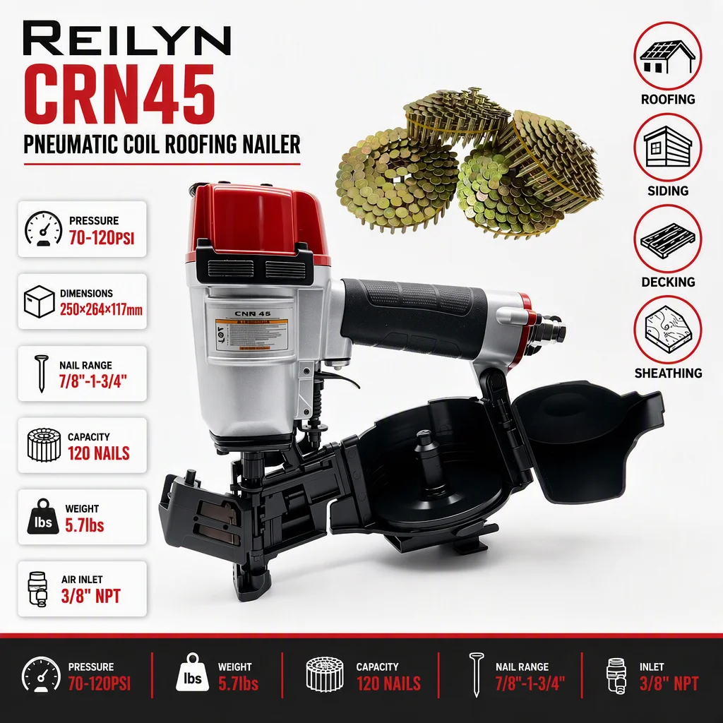 Roofing Coil Nailer CRN45 Pneumatic Siding Nailer Roof Shingles Nail Gun 19-45mm Coil Nails Asphalt Woodworking Tools
