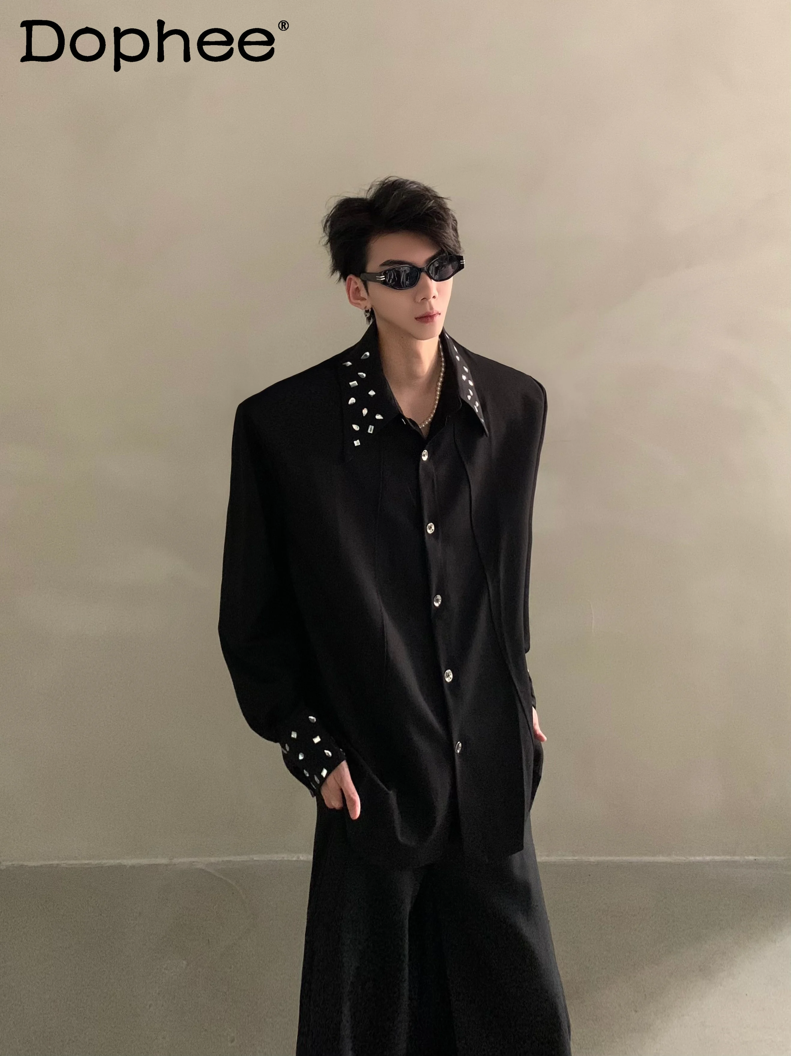 

2025 Fashion Trend High-End Light Luxury Heavy Craft Diamond-Studded Long-Sleeve Shirt Design Loose Casual Stylish Men's Shirt