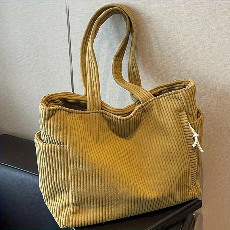 Leichte Cord-Handtasche mit großem Fassungsvermögen und Reißverschluss, einfarbige lässige Umhängetasche für den täglichen Pendelverkehr