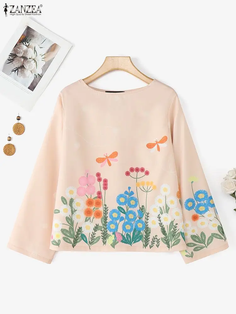 

ZANZEA Women Fashion Long Sleeve Blouse Autumn Floral Print Vintage Tops 2025 O-Neck Casual Loose Shirts Elegant Blusas Oversize