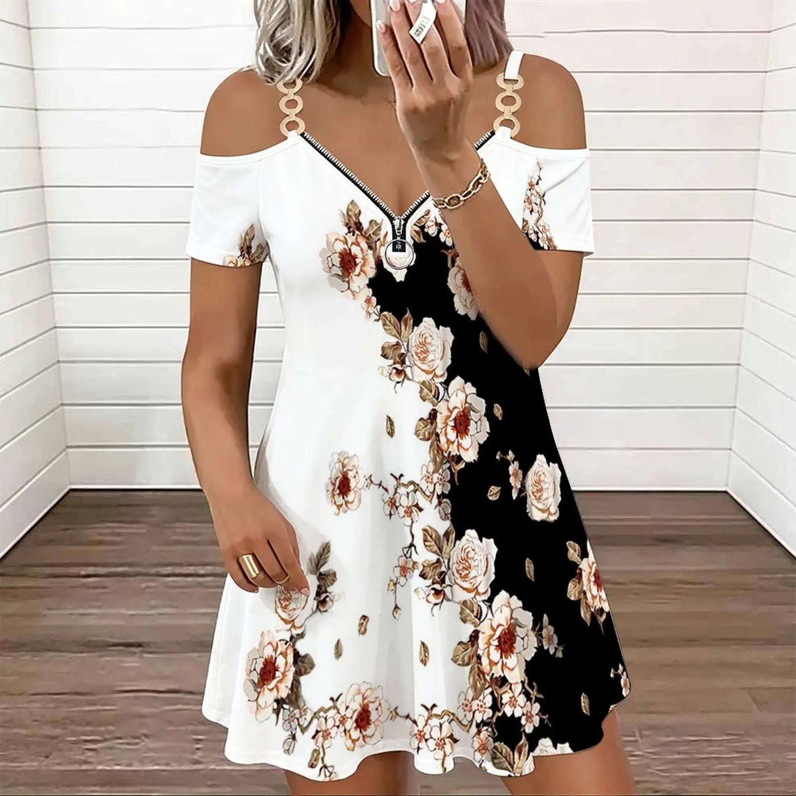 Ladies Spring Summer Cold‑shoulder Double Strap V‑neck Zipper Slim Dress  Sexy Slim Dress   Beach Vacation Outfit