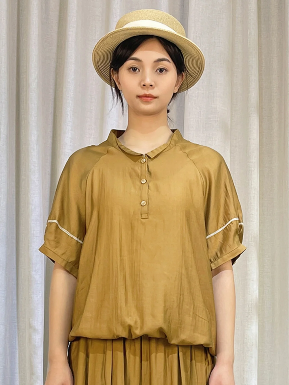 

Женская свободная миди-блузка Ele Original Design с воротником-стойкой, художественная, из смесового хлопка, комфортная