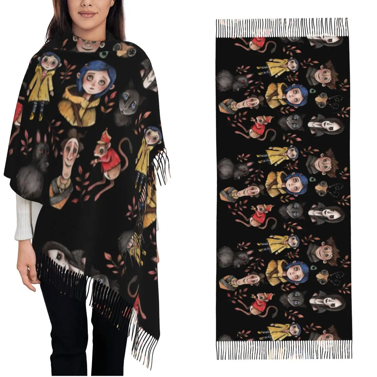 Coraline Spooky Movie Cartoon Shawls Wraps Women Winter Large Soft Scarf Halloween Horror Anime Pashmina Shawl Scarves