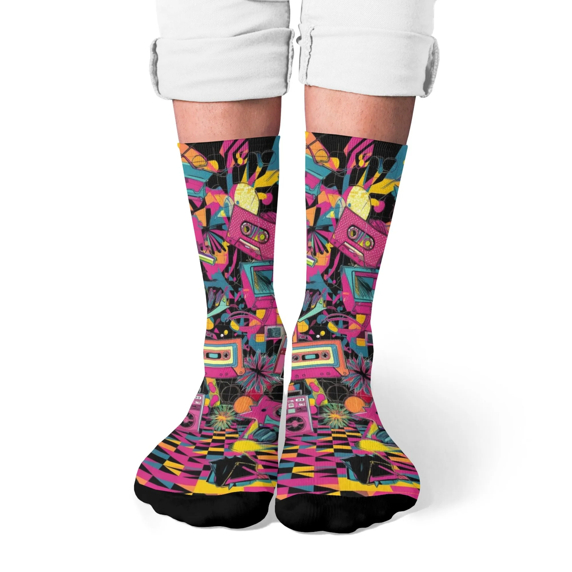Retro-Band-Muster, lässige Herrensocken, bequem, atmungsaktiv, rutschfeste Socken, Neuheit, Harajuku, Straße, Hip-Hop, Crew-Socken, lustiges Geschenk