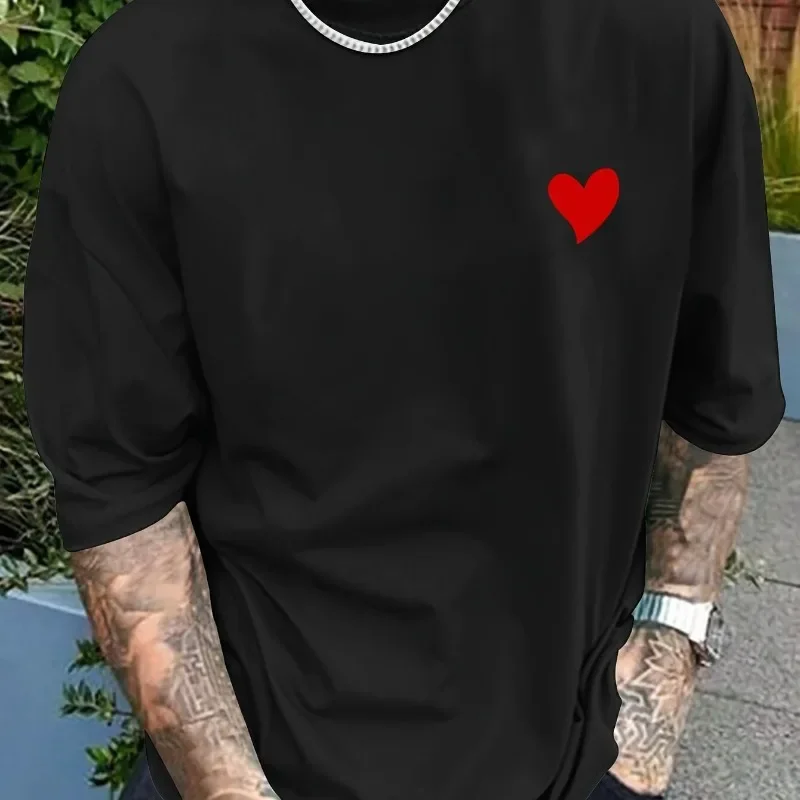 

Men's red heart printed 100% cotton short-sleeved casual top is fashionable