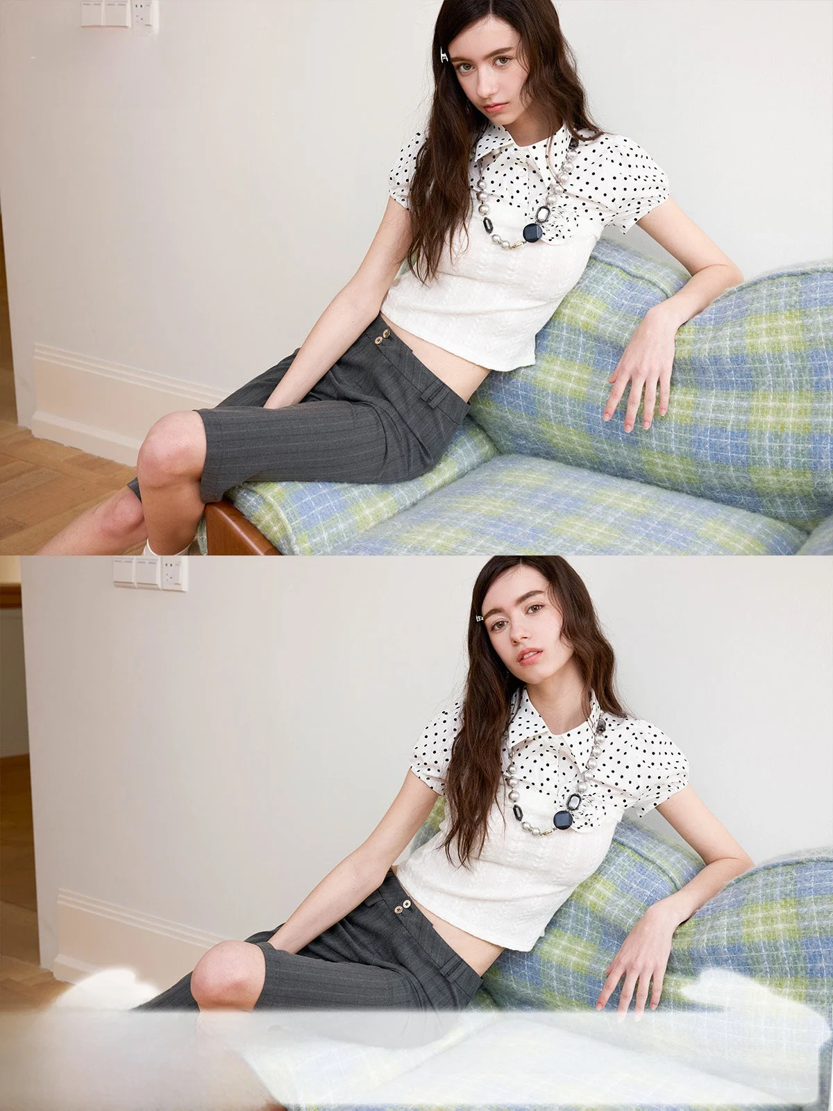 

White Polka Dot Bubble Sleeve Knitted Mock Two-Piece Tube Top Short Sleeve Shirt Pure Desire Small Upper Body Commute Style S...