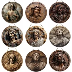 Retro 2D Jesus Christ Art, Circular Wooden Board Logo, Suitable for Home, Living Room, Office, Caf É, Bar, Holiday Decoration