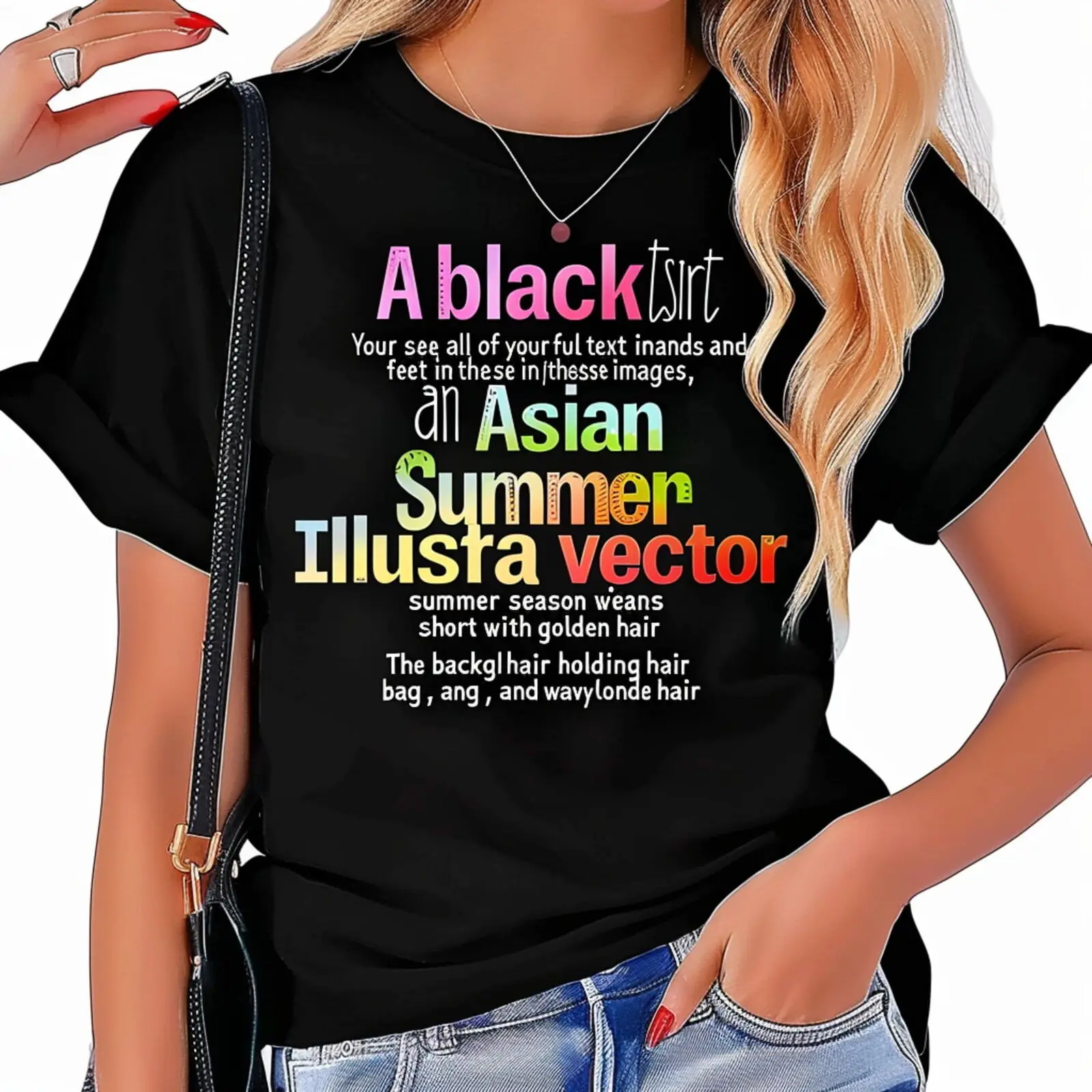 

Colorful Text Asian Woman Jeans Shorts Hand Bag Black Tee